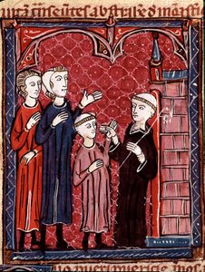 Histoire du droit canon : « Deux parents amenant leur fils à un monastère » Miniature tirée du « Décret de Gratien » (Concordia discordantium canonum ou Decretum Gratiani) datant de 1140 et régulant les lois et canons de l