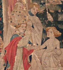 Histoire de Saint Piat et Saint Eleuthère, Scène 12: La résurrection de la fille du tribun (Comment Jehsucrist reclama le bon saint et ressuscita par chy la fille de tribun present son père et le commun). (détail). - Unknown artist