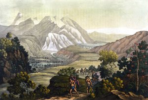 Humboldt et Bonpland traversent la montagne de Quindiu sur des chaises portées. Du voyage aux Andes par Alexander Von Humboldt (Alexandre de Humboldt) - Unknown artist
