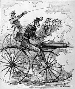 Gravure humoristique : Vélocipédomanie appliquée aux mitrailleuses - XIXe siècle. - Unknown artist