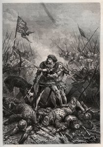 Guerre de Cent Ans : Jean II le Bon, roi de France, et son fils Philippe II de Bourgogne (1342-1404), dit «Philippe le Hardi», combattant les Anglais à la bataille de Poitiers le 19/09/1356 - Unknown artist