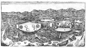 Illustration de la fin du XVIIIe siècle sur la navigation sous-marine dans « Nuovo trattato sulla vera rettificazione del circolo misurato esattmente con il diametro, utile alla trigonometria... Con una dissertazione sul modo di navigare sott