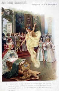 Illustration du conte "Riquet à la houppe" par Charles Perrault (1697) : la fée annonce à la reine que la princesse qui vient de naître sera aussi stupide que belle. Affiche "Au bon marché" du 19ème siècle. - Unknown artist