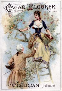 Illustration publicitaire pour le cacao Blooker représentant un jeune homme à la mode du 18ème siècle aidant une jeune femme à descendre d