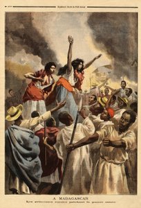 À Madagascar, la princesse royale (la sœur et tante de la reine) prêche la guerre sainte contre la France. Gravure dans Le petit journal 9/09/1894. Collection Selva
