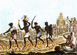 Inde. Fakirs marchant sur des charbons ardents. Gravure du 19ème siècle