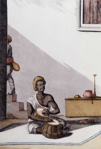Culture et civilisation indiennes : musicien jouant des tablas, instrument de musique traditionnel, Inde. Gravure de 1808. - Unknown artist