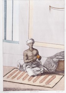 Culture, civilisation et société indiennes : musicien avec percussion traditionnelle indienne. Gravure de 1808. - Unknown artist
