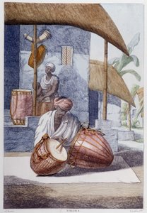 Culture, civilisation et société indiennes : musicien avec percussion traditionnelle indienne (Tikora). Gravure de 1808. - Unknown artist