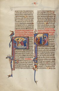 Initiale S : Initiale Q : Trois hommes devant un juge désignant un homme avec une massue et un homme travaillant sur une enclume. - Unknown artist