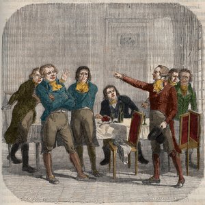 Entretien entre Jean-Paul Marat (1743-1793), Maximilien de Robespierre (1758-1794) et Georges Jacques Danton (1759-1794) le 28 juin 1793 dans un café parisien de la rue du Paon. Gravure dans « Histoire nationale illustrée de la France ». XIXe siècle - Unknown artist