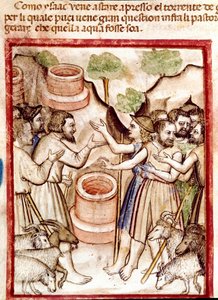Isaac creuse des puits dans la vallée de Guerar et les bergers de la vallée lui cherchent querelle Miniature tirée du codex 212 (ou codex padovano ou Bible de Padoue)