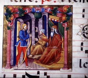Isaac invite Ésaü à chasser. Manuscrit du 15ème siècle. Antiphonaire du 15ème siècle. Bibliothèque de Lodi - Unknown artist