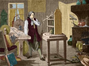 James Watt étudiant le perfectionnement de la machine de Newcomen (1767) - dans « Album de la Science; scientifiques illustres; Grandes découvertes » 1896