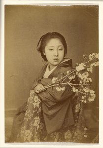 [Femme japonaise tenant une branche de prunus en fleur]. - Unknown artist