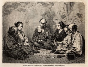 Joueurs japonais au milieu des cartes. Gravure pour illustrer le Japon, récit de voyage par Aimé Humbert, ministre de la Confédération suisse, en 1863-1864, publié dans « Le tour du monde, nouveau journal des voyages », sous la direction d