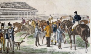 Jockeys et leurs chevaux avant la course - gravure, vers 1850