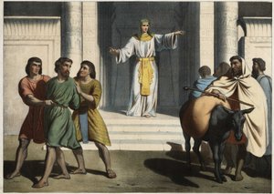 Joseph gardant Siméon en otage : Joseph le Patriarche demande à ses frères de lui présenter le jeune Benjamin et garde Siméon en otage en attendant leur retour. Gravure anonyme du milieu du 19ème siècle. - Unknown artist