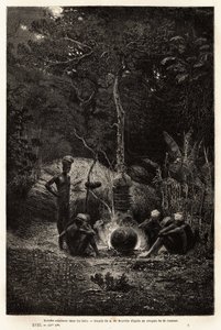 Kanaks cuisinant dans les bois, sur le territoire de Pamale. Gravure pour illustrer le voyage à la Nouvelle-Calédonie, par Jules Garnier, ingénieur civil des mines, en 1863-1866, publié dans "Le tour du monde, nouveau journal des voyages", édité par Edouar - Unknown artist