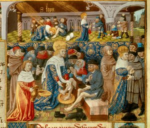 Le roi Louis IX (Saint Louis) lavant les pieds des pauvres et scènes de charité chrétienne du roi. Miniature tirée d