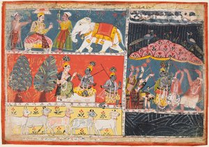 Krishna soulève le mont Govardhan, d