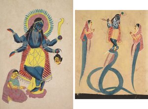 Krishna en tant que Kali adoré par Radha (recto); Krishna apaise le serpent Kaliya (verso)
