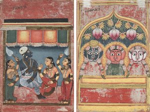 Krishna avec Radha et deux assistants (recto); Jagannath, Subhadra et Balarama dans une arche (verso)