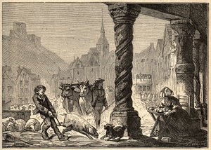 La grande rue un jour de marché à Dol de Bretagne - gravure dans « PATRIE - DESCRIPTION PICTURESQUE DE LA FRANCE EN 6 VOLUMES » par Lucien Huard - fin du 19ème siècle - Unknown artist