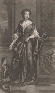 Dame (avec chien, appuyée contre un piédestal avec bas-relief de corne d