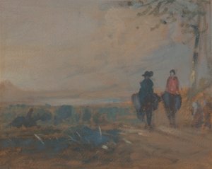 Paysage avec lac et deux figures à cheval