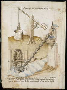 Systèmes de levier pour puits et alimentation en eau par roue à vis - Manuscrit : feuille de parchemin d