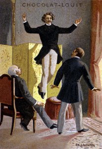 Expérience de lévitation. Chromolithographie de la fin du 19ème siècle