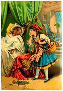 Le Petit Chaperon Rouge découvre le loup dans le lit de sa grand-mère (Chromolithographie fin du 19ème siècle)