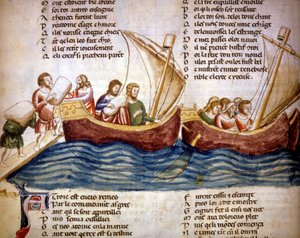 Chargement de cargaison à bord, fin du 13ème siècle. Miniature du « Roman de Troie » de Benoît de Sainte-Maure. 14ème siècle, Biblioteca Marciana, Venise