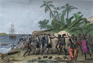 Louis Antoine de Bougainville, navigateur français (1729-1811), abordant les îles des Marquises à Tahiti, le 6 avril - Unknown artist