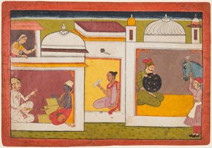 Madhava fait face à un homme tenant une balance, d