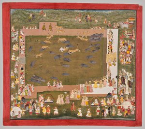 Maharana Sangram Singh II de Mewar (r. 1710-1734) et organise une chasse au sanglier avec des tigres à Sadri