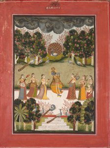 Malar Ragini : Krishna jouant de la flûte à sept gopis tenant des instruments de musique, de la série Ragamala