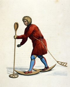 Homme de la tribu Ostiak (Khanty ou Khante) (Sibérie) skiant. Gravure de « Le costume de l