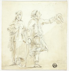 Homme en béquilles mendiant, avec une femme chantant et tenant un bébé - Unknown artist