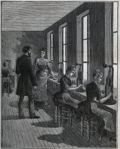 Fabrication de plumes métalliques : atelier de découpage en France au XIXe siècle. Gravure de 1885 dans « Les arts et métiers illustrés » par Adolphe Bitard. - Unknown artist