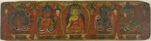 Couverture de manuscrit avec Bouddha, deux bodhisattvas et deux déités protectrices (Lokapalas)