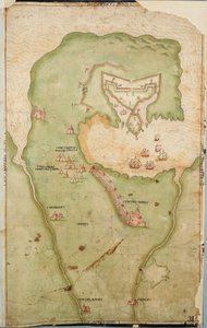 Carte de Smerwick, Irlande, montrant le terrassement anglais avec deux canons pour attaquer le fort espagnol et les soldats anglais sortant de Castell More - Unknown artist