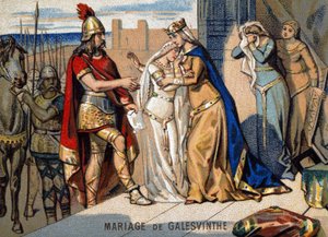 Mariage de Galeswinthe (567) : départ de Galeswinthe pour épouser Chilpéric, chef des Francs Neustriens. Chromolithographie de la série «Enseignement patriotique par l