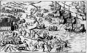Rencontre entre les gens de Christophe Colomb et les Cannibales - dans « Nova Tipus Transacto Navigatio Novi Orbi » par Philoponus Honorius - Unknown artist
