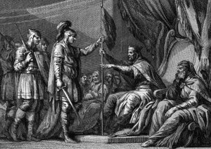 Période mérovingienne : un maire du palais (dignitaire du royaume) prêtant serment avant de prendre ses fonctions. Il jure aux évêques et seigneurs de la région de conserver leurs droits respectifs. Gravure du 18ème siècle. - Unknown artist