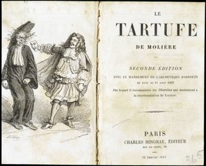 Molière effrayant un ecclésiastique avec un masque de théâtre - Frontispice du "Tartuffe" de Molière, éd. Hingray, Paris - Unknown artist