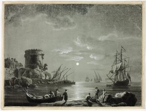 Scène au clair de lune dans un port de pêche