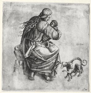Mère et enfant avec deux chiens - Unknown artist