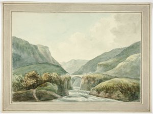Ville de montagne traversée par un pont enjambant des rapides - Unknown artist